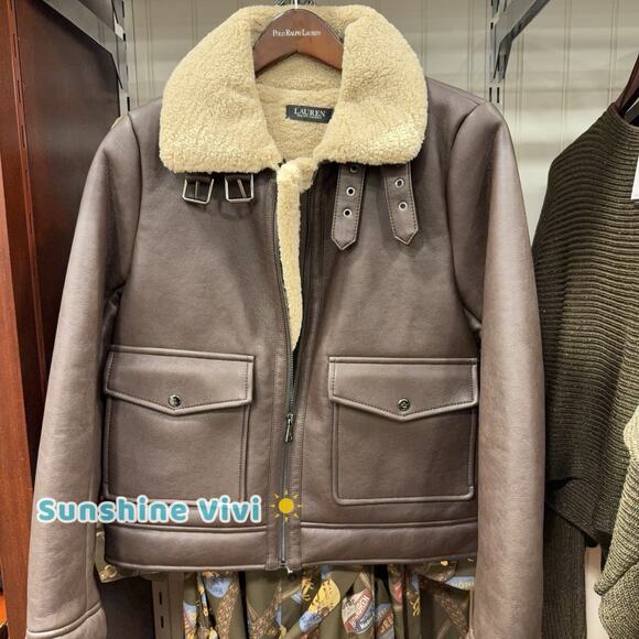 NWT Ralph Lauren Women's Fleece-Collar Faux-Leather Jacket Circuit Brown small - Picture 1 of 12